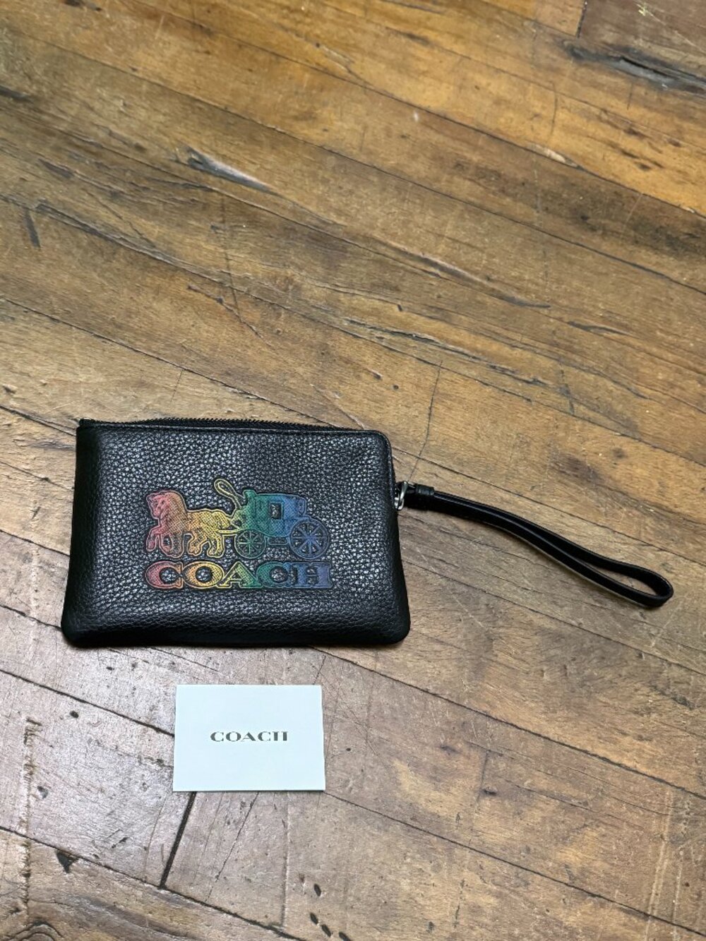 COACH Corner Zip Wristlet With Horse And Carriage pebble leather Rainbow C7419
